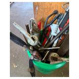 Assorted Hand Tools in Green Bucket - Clamps, Pliers, Saws & More