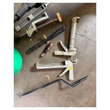 Assorted Hand Tools in Green Bucket - Clamps, Pliers, Saws & More