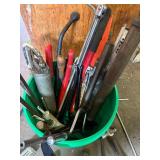Assorted Hand Tools in Green Bucket - Clamps, Pliers, Saws & More