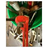 Assorted Hand Tools in Green Bucket - Clamps, Pliers, Saws & More