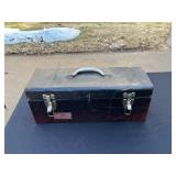 Vintage Metal Toolbox with Red Interior and Top Handle