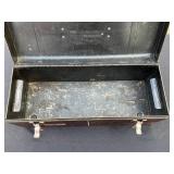 Vintage Metal Toolbox with Red Interior and Top Handle