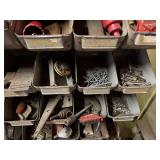 Assorted Hardware Fasteners - Screws, Nuts, Bolts & Washers in Metal Bin Rack