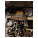 Assorted Hardware Fasteners - Screws, Nuts, Bolts & Washers in Metal Bin Rack