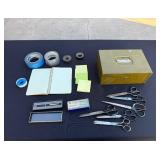 Pen in Box & Scissors, Notebook, Tape, Sticky Notes, Olive Metal Box - Vintage Office Lot