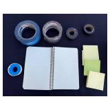 Pen in Box & Scissors, Notebook, Tape, Sticky Notes, Olive Metal Box - Vintage Office Lot