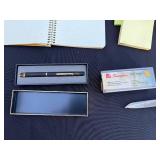 Pen in Box & Scissors, Notebook, Tape, Sticky Notes, Olive Metal Box - Vintage Office Lot