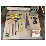 Large Mixed Tool Lot – Saws, Loppers, Drill, Hardware Organizer & More – Shop Tools – Works
