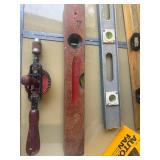Levels, wood mallet, fan, drive set , hammers ect