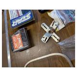 Box of tools including a come along and various hardware ect