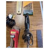 Box of fasteners, tie downs, wrenches and various.