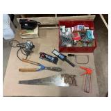 Mixed Tool Lot w/ Hand Saw, Hedge Shears, Power Tools, Clamps & Hardware Organizer