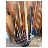Lot of shovels, rakes garden claw