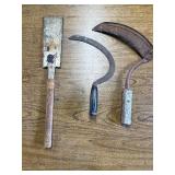 3-vintage agricultural sickles/saw
