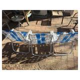 3-vintage Sunbeam webbed folding aluminum lawn chairs, featuring blue and white woven straps