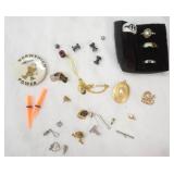 Jewelry Lot: Assorted Costume Jewelry. Gaged Earrings & Stretcher, Vintage Norwegian Power Pin