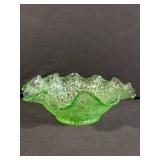 Uranium Green Glass Bowl - Textured Leaf Pattern with Scalloped Edge