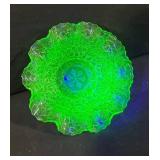 Uranium Green Glass Bowl - Textured Leaf Pattern with Scalloped Edge