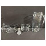 Crystal Glass Serving Set - Lidded Candy Dish, Salt Shaker, Round Bowl & Tall Carafe