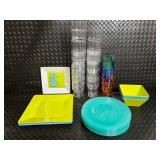 Colorful Plastic Dinnerware Set - Square Bowls, Turquoise Rounds & Rainbow Tumblers