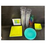 Colorful Plastic Dinnerware Set - Square Bowls, Turquoise Rounds & Rainbow Tumblers