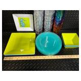 Colorful Plastic Dinnerware Set - Square Bowls, Turquoise Rounds & Rainbow Tumblers