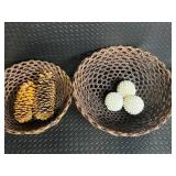 Woven Basket Set - 2 Round Baskets with Pinecones & White Spiky Decor Balls