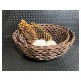 Woven Basket Set - 2 Round Baskets with Pinecones & White Spiky Decor Balls