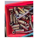 Toolbox with Assorted Tools and Accessories including a Flashlight, Sockets, and Rope