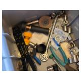 Lot of Hand Tools and Hardware including C-Clamp, Hammer, and Sockets, Wire Strippers, Stud Sensor