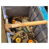 Lot of Hand Tools and Hardware including C-Clamp, Hammer, and Sockets, Wire Strippers, Stud Sensor