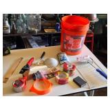Painting Supplies including Home Depot Paint Bucket, Drop Cloth, and Roller Accessories