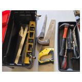 Toolbox with Assorted Hand Tools including Hammer, Saws, Screwdriver, and Level