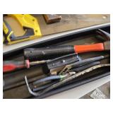 Toolbox with Assorted Hand Tools including Hammer, Saws, Screwdriver, and Level