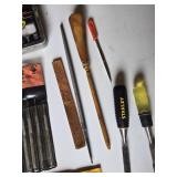 Lot of Hand Tools Including Chisels, Knife Sharpening Kit, and Files