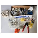 Box of Electrical Hardware and Tools including Wire Connectors, Electrical Outlets, and Crimping Tool