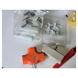 Box of Electrical Hardware and Tools including Wire Connectors, Electrical Outlets, and Crimping Tool