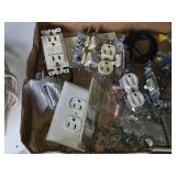 Box of Electrical Hardware and Tools including Wire Connectors, Electrical Outlets, and Crimping Tool