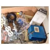 Box of Electrical Hardware and Tools including Wire Connectors, Electrical Outlets, and Crimping Tool