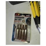 Lot of Hand Tools and Accessories including Black & Decker Drill Bit Set, Screwdrivers, and Serrated Bit Set