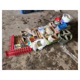 Huge Lot of Hardware and Tools such as socket trays, furniture leg braces, nails, picture hanging sets, and assorted hardware pieces