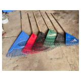Lot of Plastic Leaf Rakes Including Blue, Red, Green, and Black Variants