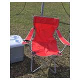 Blue and Red Folding Camp Chairs with Rubbermaid Wheeled Cooler