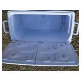 Blue and Red Folding Camp Chairs with Rubbermaid Wheeled Cooler