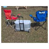 Blue and Red Folding Camp Chairs with Rubbermaid Wheeled Cooler