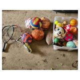 Assorted Sporting Goods Lot including Tennis Rackets, Basketballs, Volleyballs, and Footballs