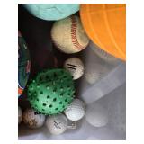 Assorted Sporting Goods Lot including Tennis Rackets, Basketballs, Volleyballs, and Footballs