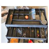 Fishing Gear Lot including Abu Garcia Cardinal Bronco Reel, Tackle Box, and Rubber Boots