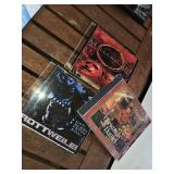 Collection of DVDs and CDs including Divergent, Spider-Man 2, and Christmas with Daniel