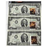 1976 Green Seal $2 Dollar Federal Reserve Notes Postmarked July 4 Consecutive Low Serial Numbers